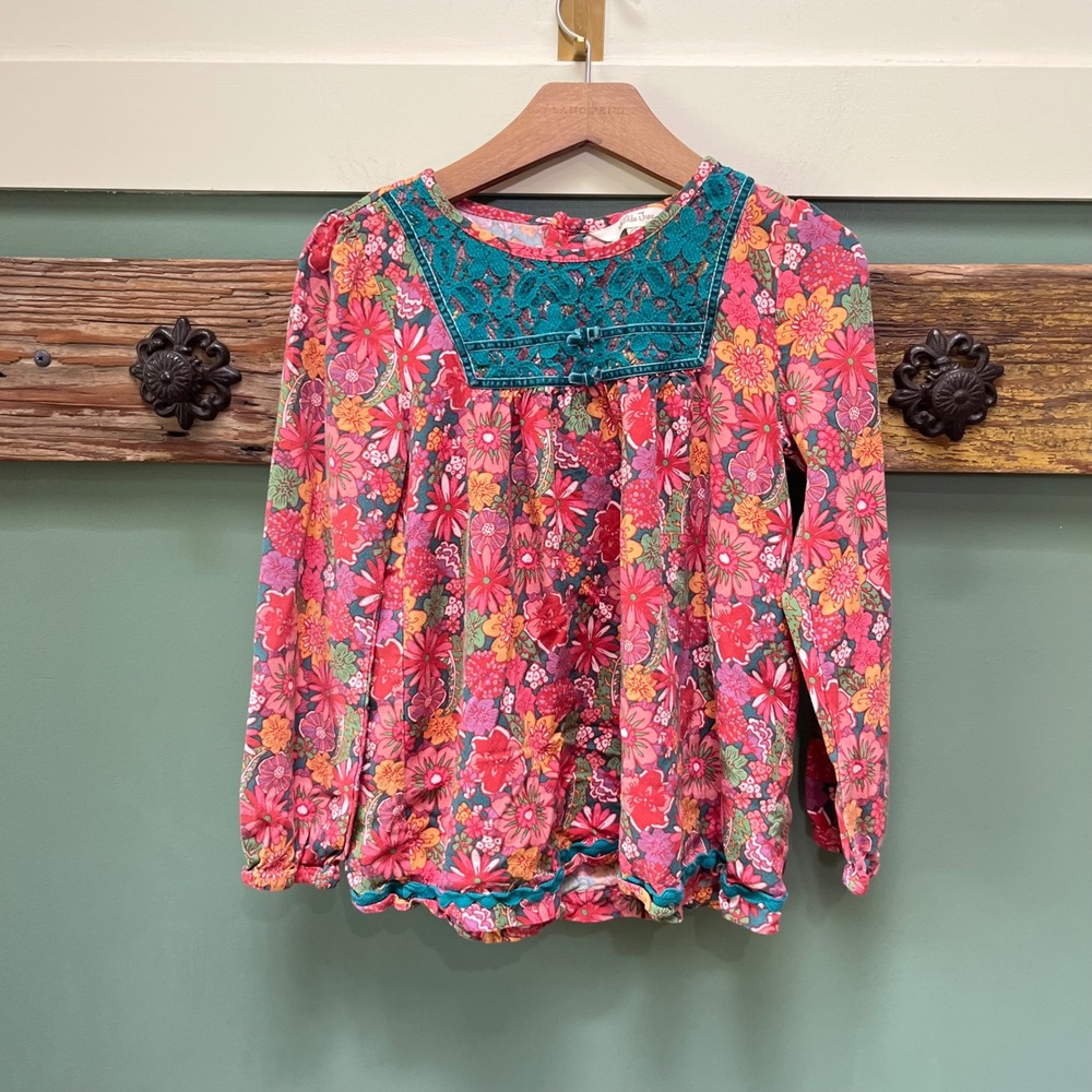 Matilda Jane Girls Floral Lace Yoke Long Sleeve Top Pink Teal Size 2